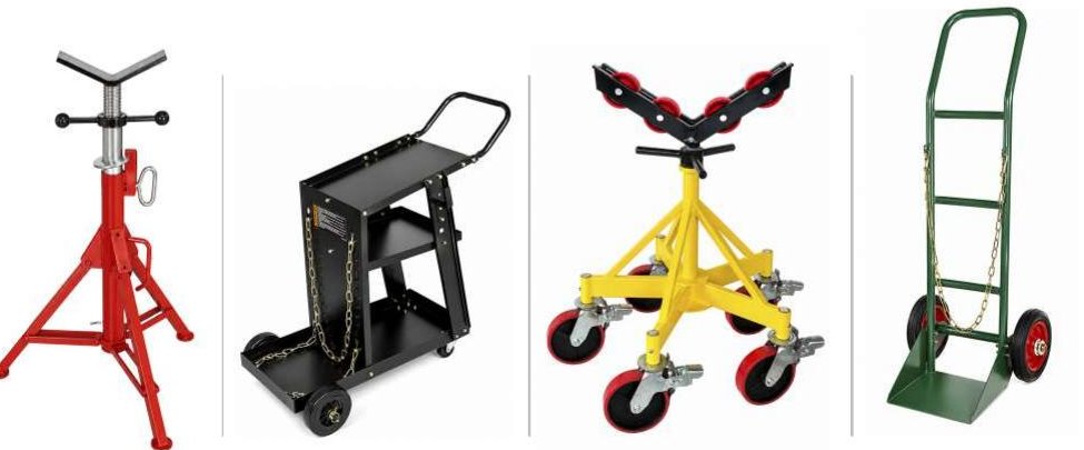 Pipe stands, welding cart and gas cylinder trolley for pipe fit-up